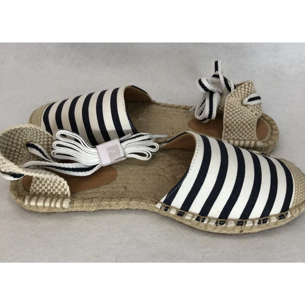 J. Crew Womens Sz 8.5 Striped Espadrille Flats w/Ankle Ties Boho Summer Sandals - Picture 5 of 9